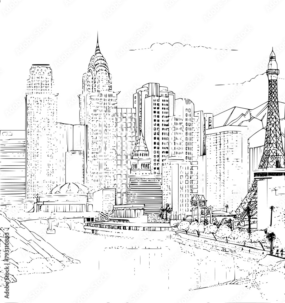 Las Vegas Skyline in Black and White, Monochrome City Skyline Illustration