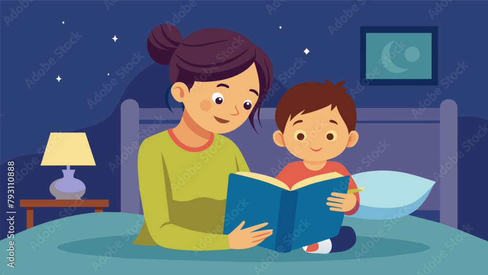 A child reading a story to their younger sibling before bed showing patience and love as a little helper. A child reading a story to their younger sibling before bed showing patience and love as a little helper.