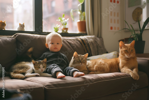 Cute baby toddler plays protected by domestic cat and dog at home apartment.