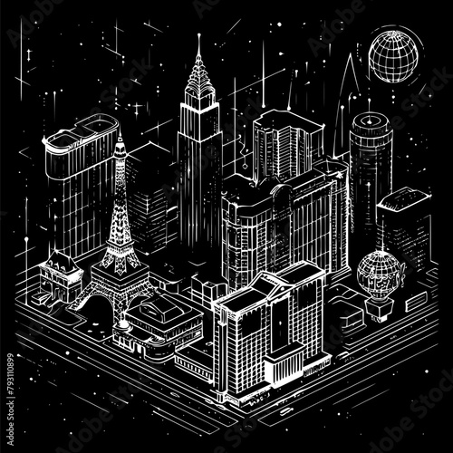 Isometric View of Las Vegas Illustration, Isometric Wireframe of Las Vegas