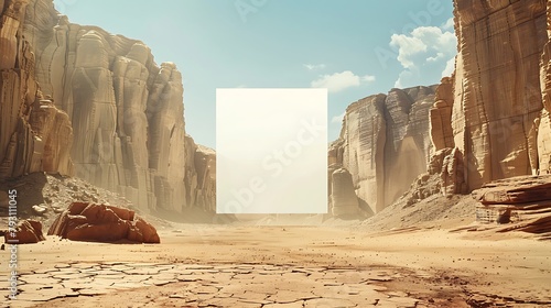 A surreal desert landscape, with towering rock formations and a white blank mockup frame placed against a backdrop of shifting sands in shades of beige and taupe photo