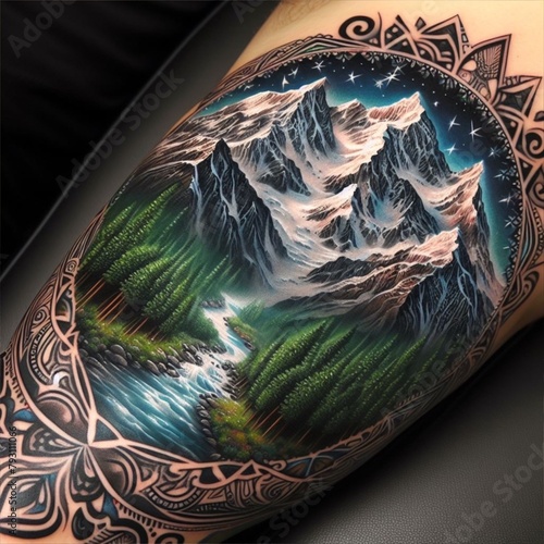 Mountains trees river