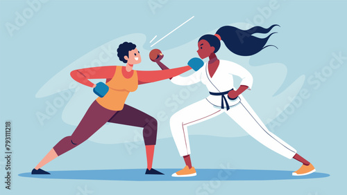 In a sparring session a woman shows discipline and control as she navigates through her opponents movements and strategizes her own proving