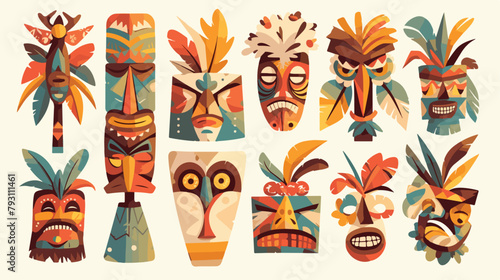 Tribal tiki masks Hawaiian totem culture vector woo