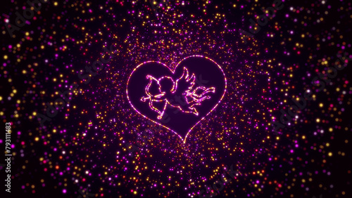 Decorative Space Dark Shiny Purple Yellow Glowing Flying Love Angel Cupid Inside Heart Shape Border Frame With Glitter Sparkle Dots And Lines