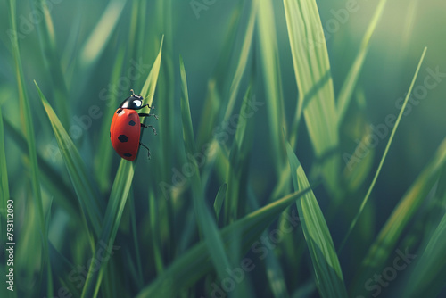 A macro shot of a ladybug sitting on a fresh green blade of grass.