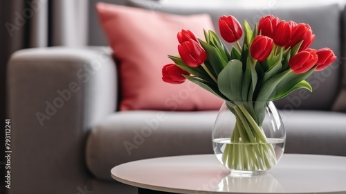 Red Tulips in Glass Vase on Table
