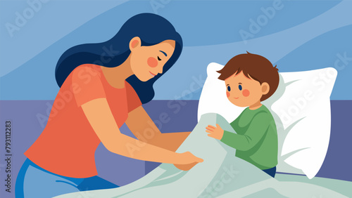 A mother tenderly tucking her child into bed with a silk pillowcase ensuring their skin stays soft and unblemished..