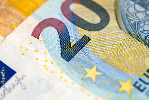 Macro detail of 20 euro bill on a table for backgrounds, textures and concepts of European and world economy