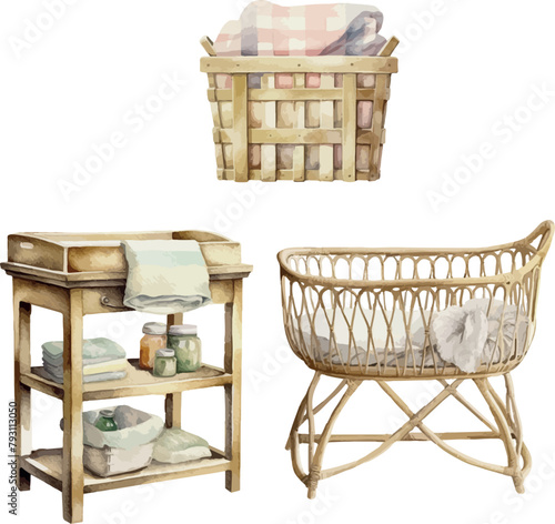 Vector watercolor set of changing table, basket, baby rattan crib. Clipart for greeting card, invitation, wedding card, post card, save the date, celebration, anniversary, birthday, party, gender part photo