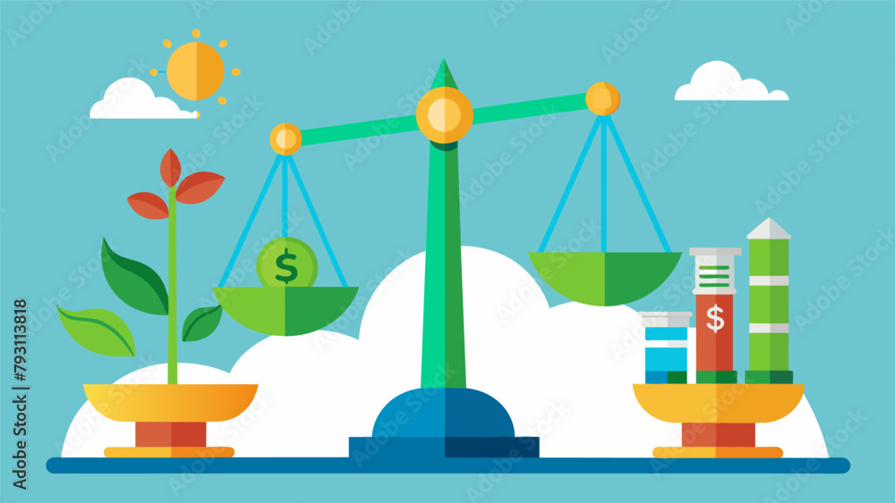 An illustration of a scale with one side representing financial gain and the other representing social and environmental impact. An illustration of a scale with one side representing financial gain and the other representing social and environmental impact.