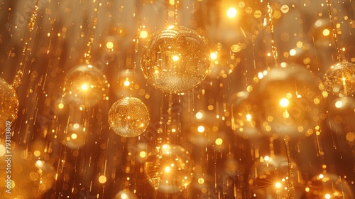  A tight shot of multiple glowing orbs suspended from a room's ceiling, illuminated by overhead lights