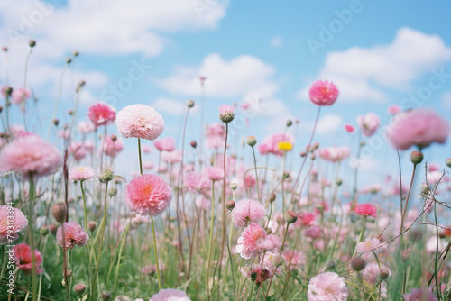 Field of Pink Flowers Under Blue Sky