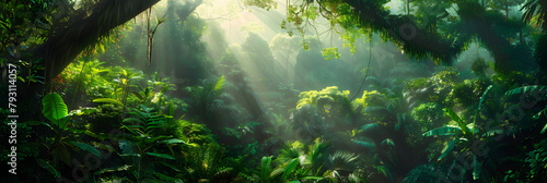 A lush  tropical rainforest with sunlight filtering through the dense canopy.