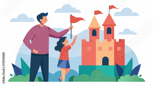 A father and daughter duo proudly placing flags on their castle representing their familys heritage and adding a personal touch.