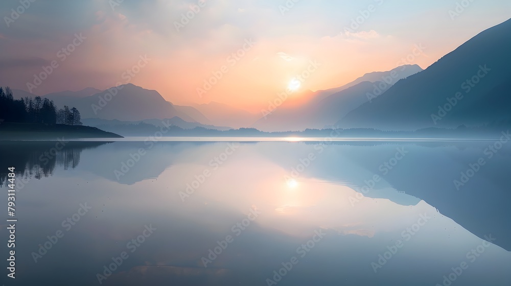 Breathtaking Sunrise Reflection Over Serene Lake Surrounded by Majestic Mountains