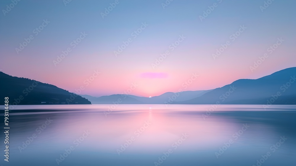 Tranquil Sunrise Over Scenic Mountain Lake Reflecting Serene Landscape