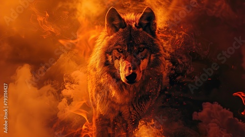 A wolf standing in a fiery background. The wolf is in the center of the image and is looking to the right. The fire is all around the wolf and is orange and yellow.