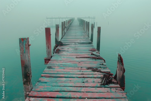 A Serene Wooden Pier Stretching Into the Mist Shrouded Waters photo