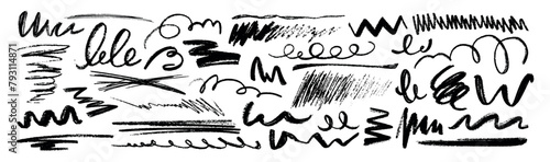 Vector hand drawn charcoal pencil squiggles, rough brush strokes, scribbles, bold zigzag line and swirls. Crayon doodle wavy strip, chalk smears, curly underlines. Black coal scratch or squiggly lines