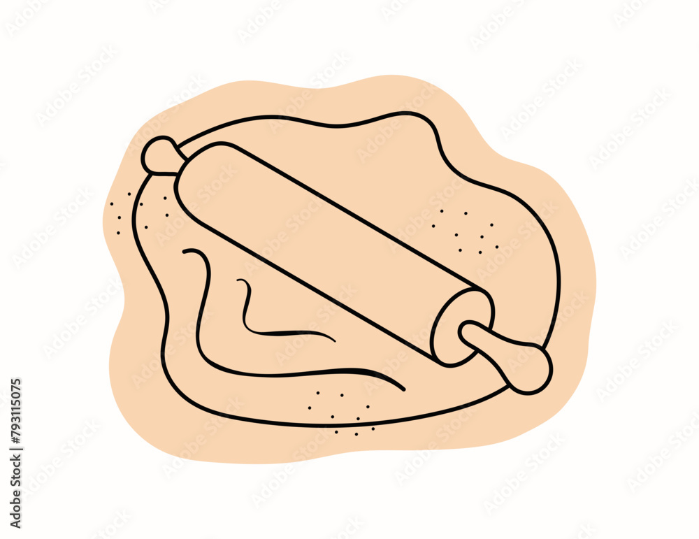 Stylized dough, rolling pin. Kitchenware. Logo, sign. Design for cooking, bakery, confectionery. Hand drawn vector illustration. Stylized dough, rolling pin. Kitchenware. Logo, sign. Design for cooking, bakery, confectionery. Hand drawn vector illustration.