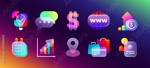 Transparent frosted glass morphism icons with neon gradient. 3d glassmorphism ui icon set of business, finance profit, money income or online shopping sign for mobile app. Realistic matte blur buttons