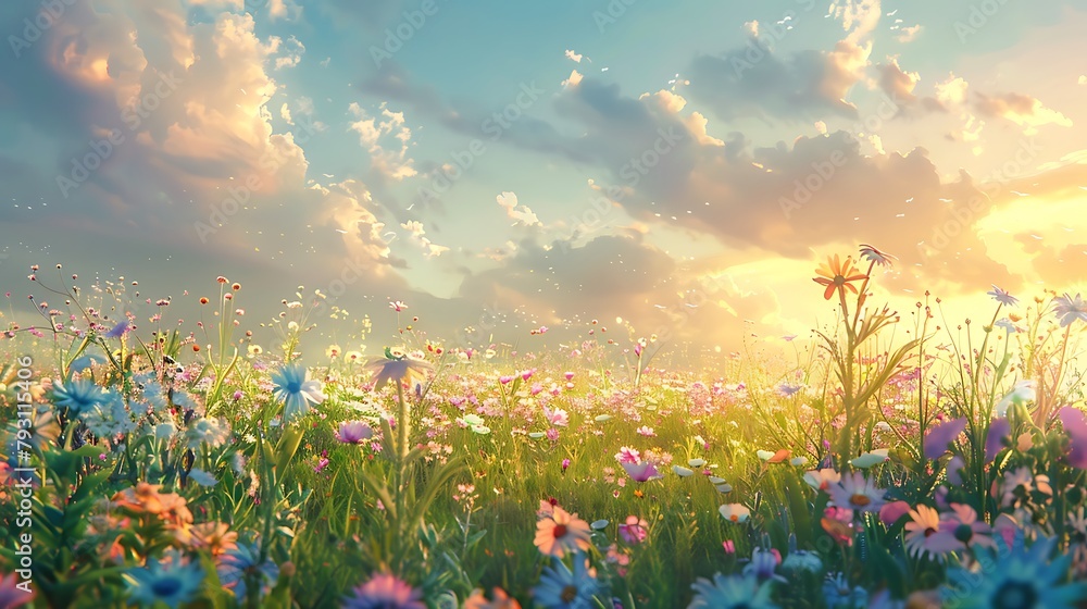 A tranquil meadow, painted in the soft pastels of twilight, where wildflowers sway in a whispering breeze