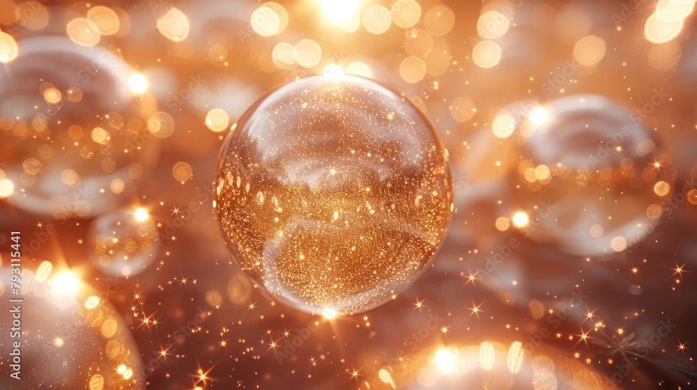 A tight shot of a Christmas ornament against a backdrop of gold and white balls, flecked with sparks A tight shot of a Christmas ornament against a backdrop of gold and white balls, flecked with sparks
