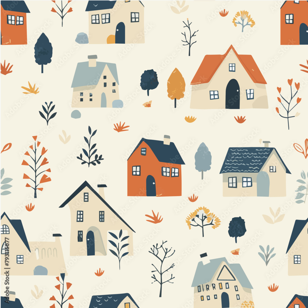 Cottages vector seamless pattern with soft color palette