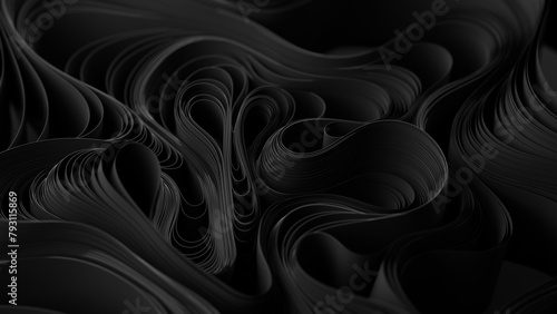 Black layers of cloth or paper warping. Abstract fabric twist. 3d render illustration © garrykillian