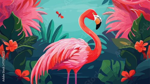 Tropical flamingo bird. African style portrait wall