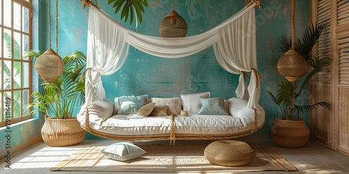 Tropical chic retreat with hanging daybed photo
