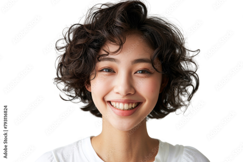 Portrait shot of Asian beautiful young woman with curly hair and happy joyful attractive smile, isolated on transparent png background. Portrait shot of Asian beautiful young woman with curly hair and happy joyful attractive smile, isolated on transparent png background.