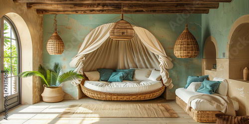 Tropical chic interior with cozy daybed photo