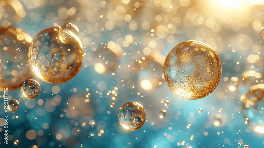   A cluster of bubbles drifting in the air against a backdrop of blue and yellow hues, softly blurred by a bokeh effect