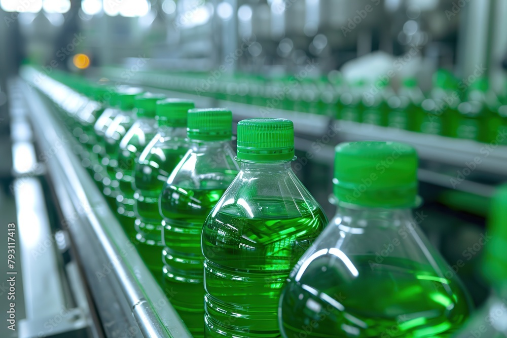 Green plastic bottles on a conveyor belt at factory Green plastic bottles on a conveyor belt at factory
