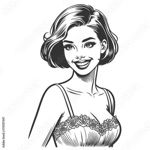 woman laughing heartily, her head thrown back in a moment of pure joy and infectious mirth sketch engraving generative ai fictional character vector illustration. Black and white image.