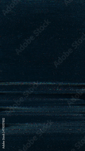 Glitch noise. Signal distortion. Black blue color dark grain texture dust fuzzy frequency line vhs defect damaged digital modern abstract background.