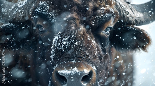 Imagination, nature, wildlife, closeup, giant buffalo standing in front of a frozen snow field. photo