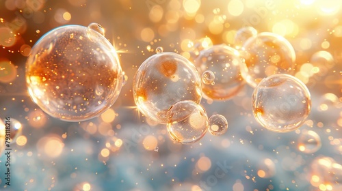   A cluster of bubbles against a blue-yellow backdrop, overlain with a softly blurred bubble image photo
