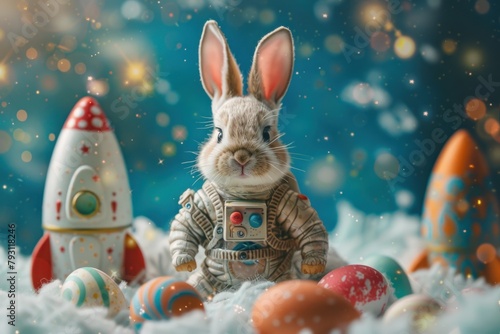 Easter surprises abound as our bunny astronaut embarks on a cosmic journey in a rocket of delight! photo
