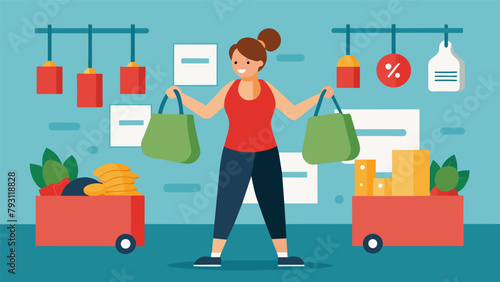A woman lifting weights at the gym but instead of dumbbells shes holding bags of groceries with price tags attached.