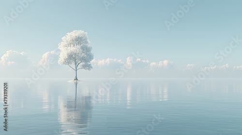   A solitary tree is situated in the middle of a blue body of water, surrounded by clouds in the sky