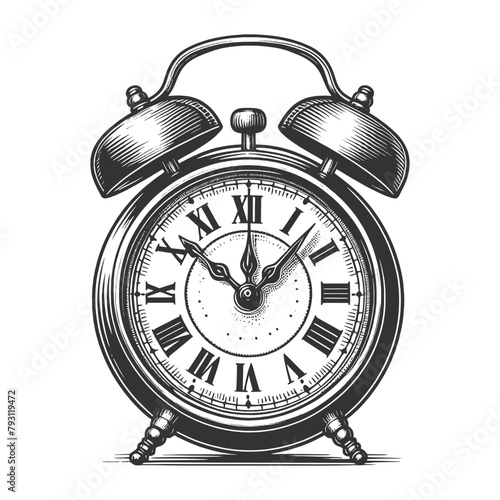 vintage alarm clock with visible hands and hour marks representing concept of time in a classic style sketch engraving generative ai vector illustration. Scratch board imitation. Black and white image