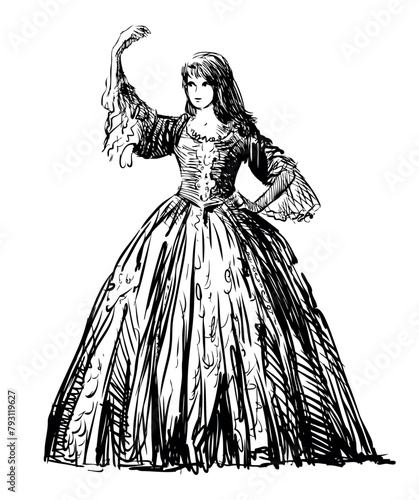 Lady,long dress,dance,young,graceful,elegance,pretty,fashion,theater,history,one person, historical costume, ,woman,vintage,18th century,hand drawn,sketch,vector,illustration,doodle