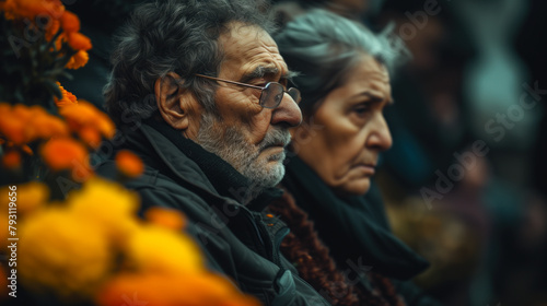 Senior couple reflecting together at a funeral service.