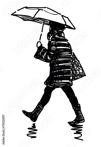 Woman silhouette, umbrella, doodle, young people, profile, rain, striding, motion, weather, sketch, black, vector hand drawn illustration isolated on white