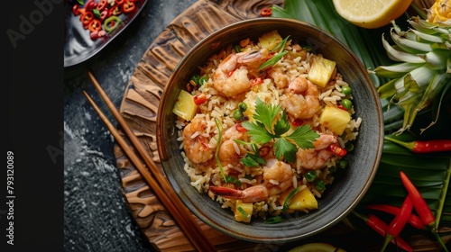 pineapple rice and moo hong, southern of thai, food photography, 16:9 photo