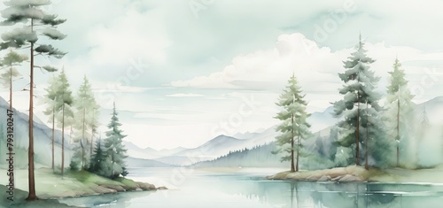 Panoramic scenery of misty watercolor landscape with lake  pine trees  and mountains