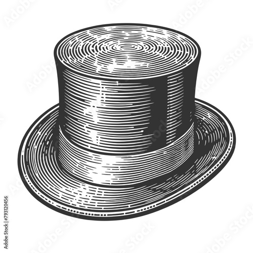 vintage top hat cylinder, evoking a sense of classic style sketch engraving generative ai vector illustration. Scratch board imitation. Black and white image.